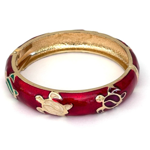 Hawaiian Enamel Turtle Honu Style Bangle Clamper Bracelet Red Green Cream Gold - Picture 1 of 7